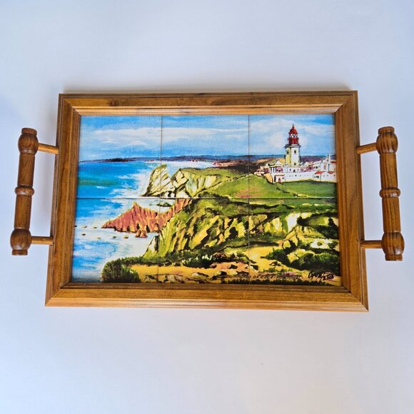 Vintage Portugal Tile Tray with Lighthouse Scene – Handled Wooden Serving Tray - Picture 3 of 9